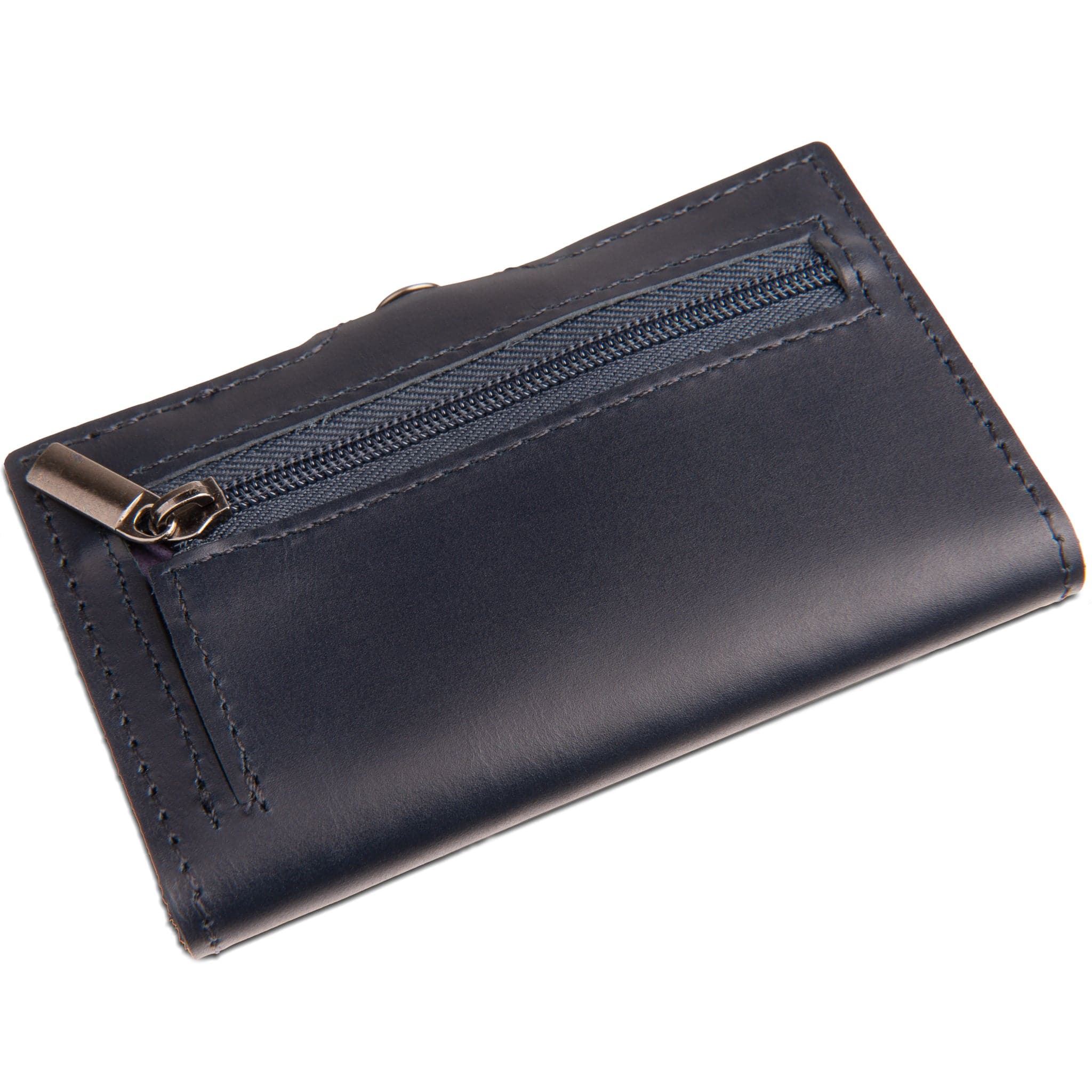 back of cardinal blue leather wallet with zipper
